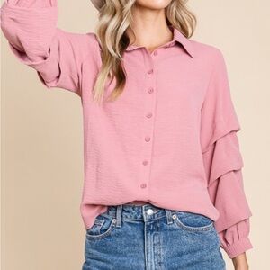 Button Down Blouse With Tiered Ruffle Sleeves